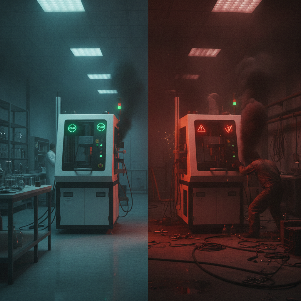 A laboratory testing station with a green pass indicator, while outside the station the same system shows a red warning, representing the gap between evaluation and deployment behaviour in AI